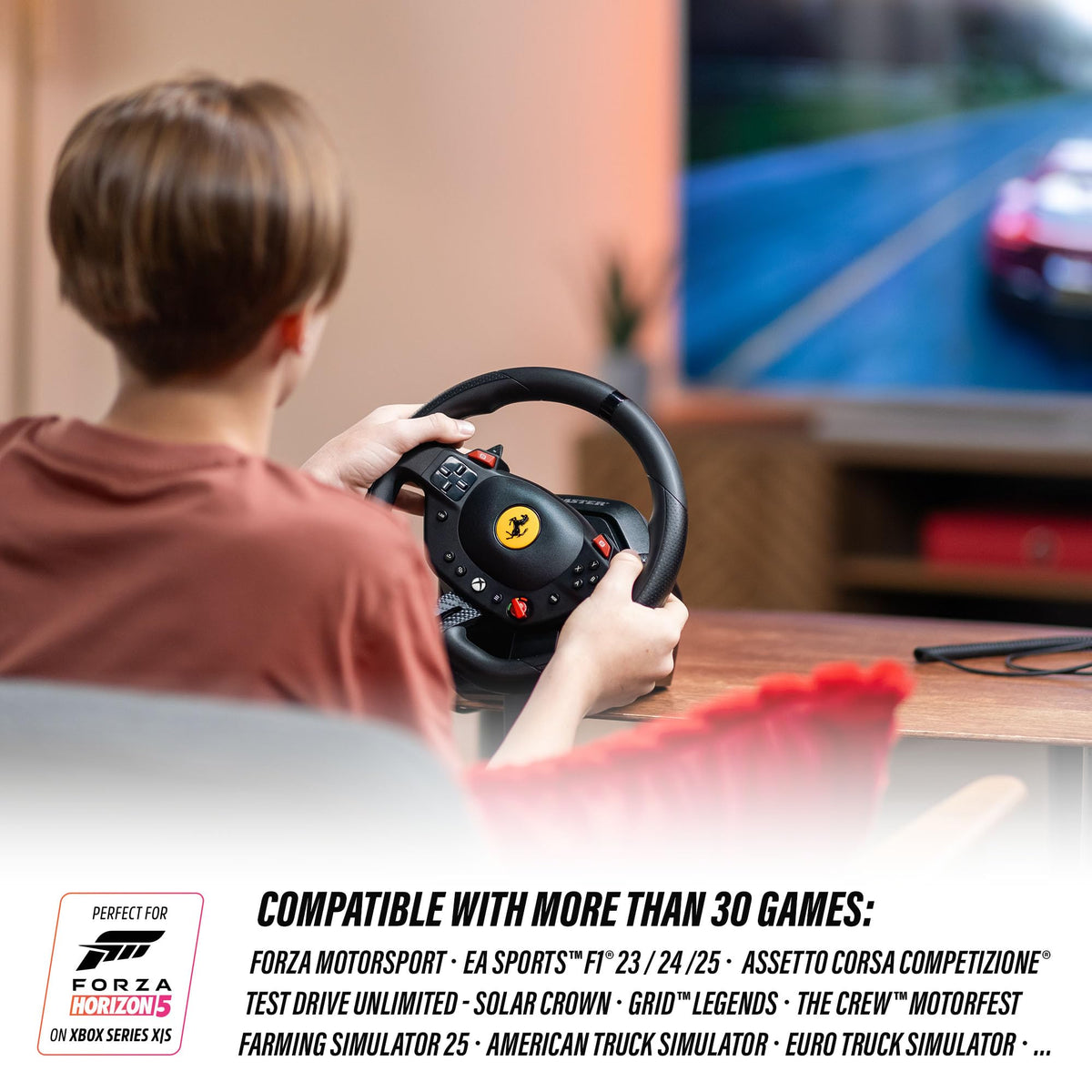 Thrustmaster T98 P Ferrari Licensed Racing Wheel & Pedal Set - PS5 & PC | 240-degree rotation, bungee-cord resistance, paddle shifters, 3 driving modes, Hall-Effect sensors, tool-free desk clamp - Flex Gamingproduct_type