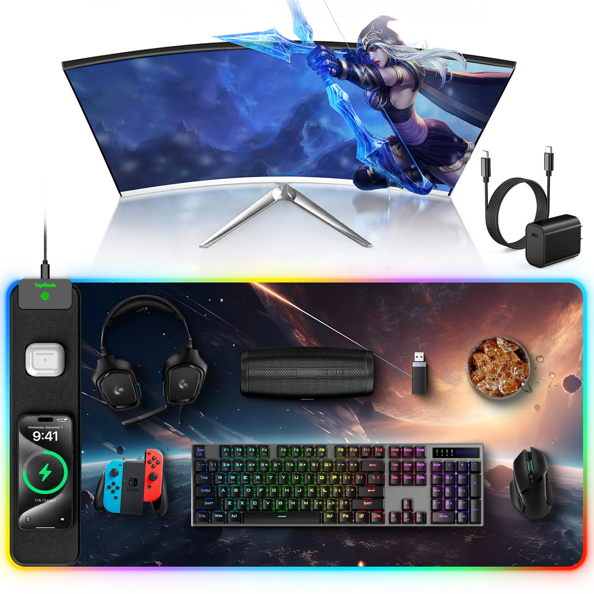 TopMade Wireless Charging RGB Mouse Pad, Waterproof Gaming Desk Mat with 4 Light Modes & 11 RGB Colors, 31.5"x15.75" XXL Large Desk Pad(Includes 20W PD Power Adapter & 6.56ft Woven Cable) - Flex Gamingproduct_type