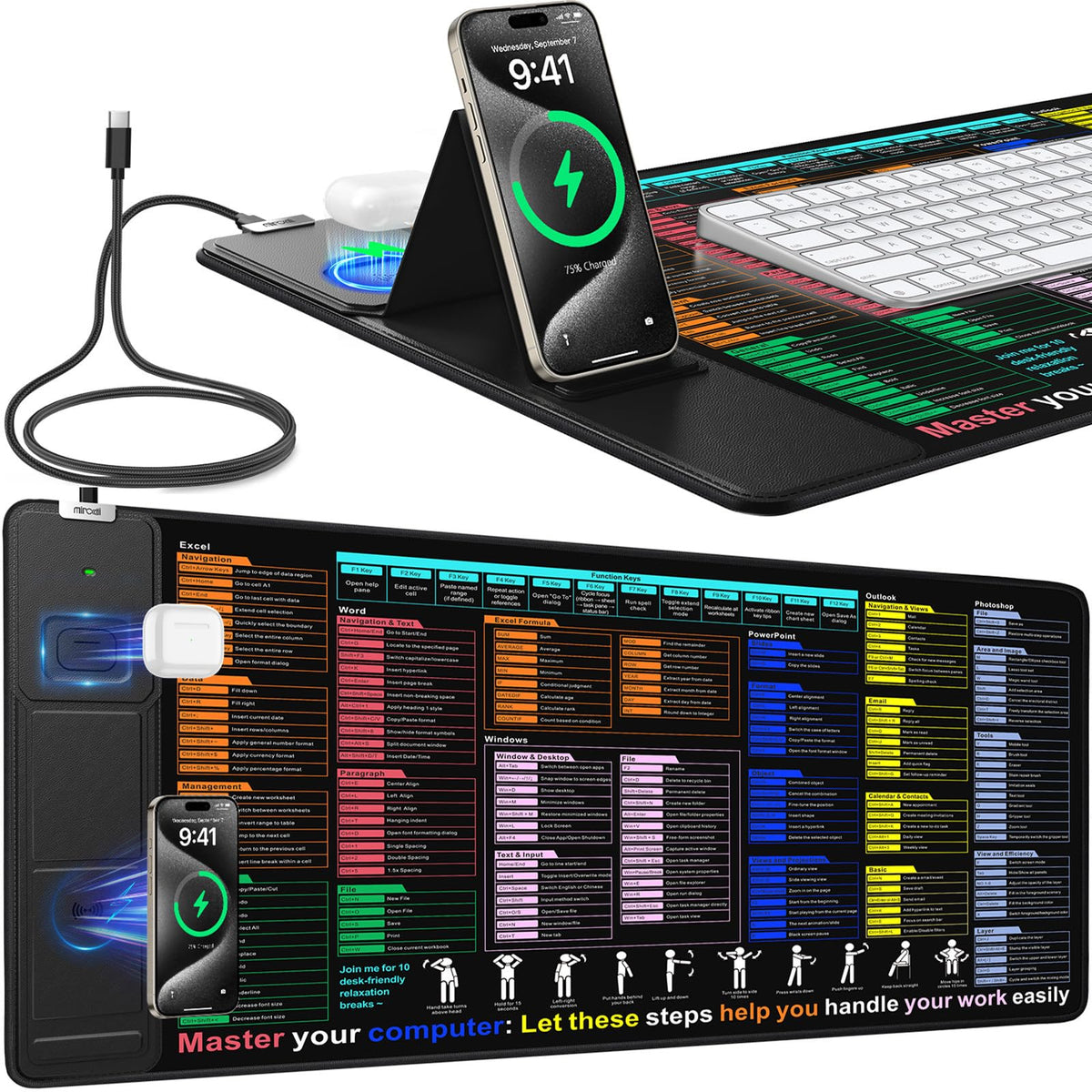 XXL Mouse Pad with Phone Holder - Black, RGB Desk Mat with 15W Fast Charging, LED Gaming Mousepad with 11 Light Colors, Waterproof Non-Slip Pad for Office & Home (Wave) - Flex Gamingproduct_type