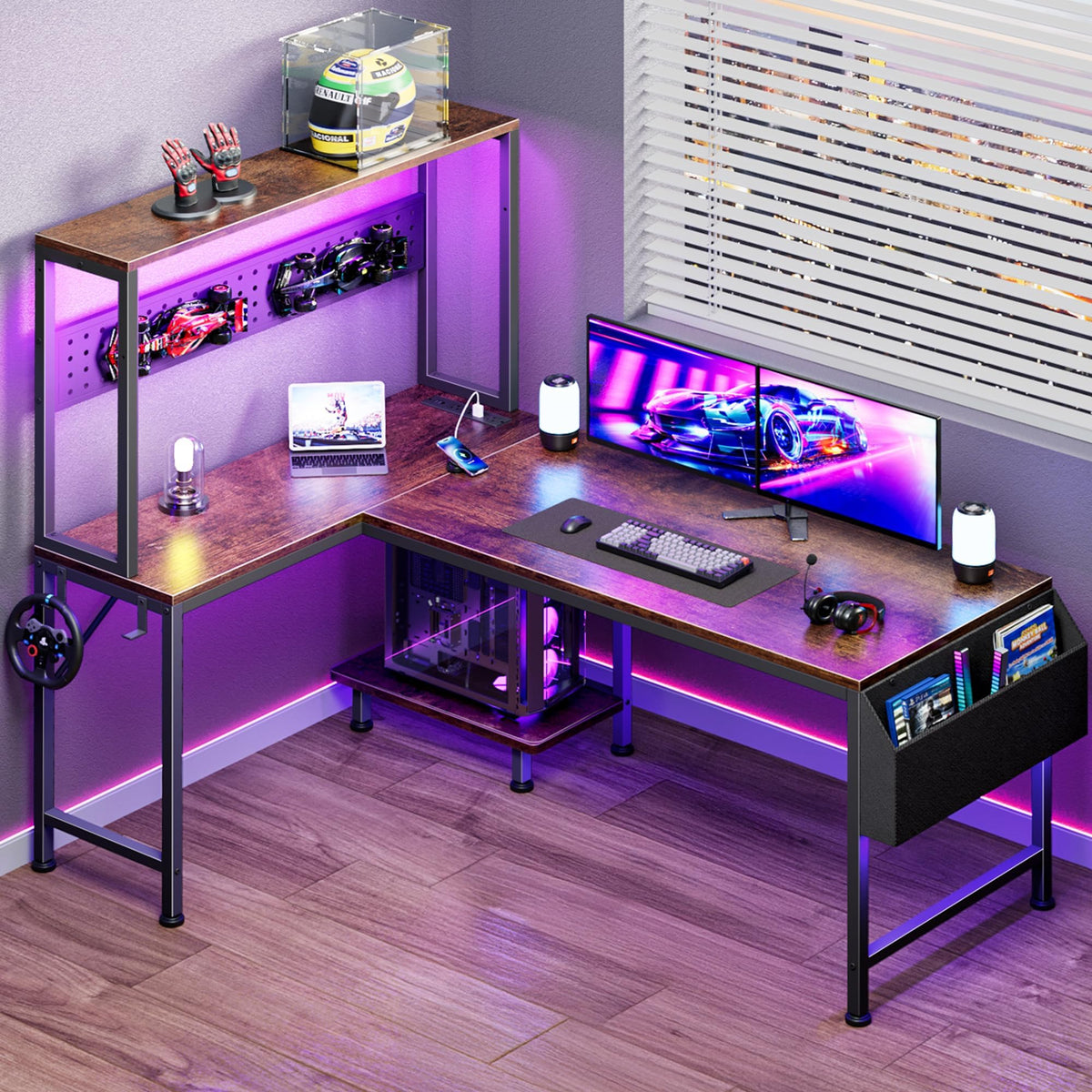PRAISUN L Shaped Gaming Desk with LED Lights & Power Outlets, Reversible Computer Desk with Storage Shelves & Bag, Large Corner Home Office Desk with Pegboard for Work from Home, Black - Flex Gamingproduct_type