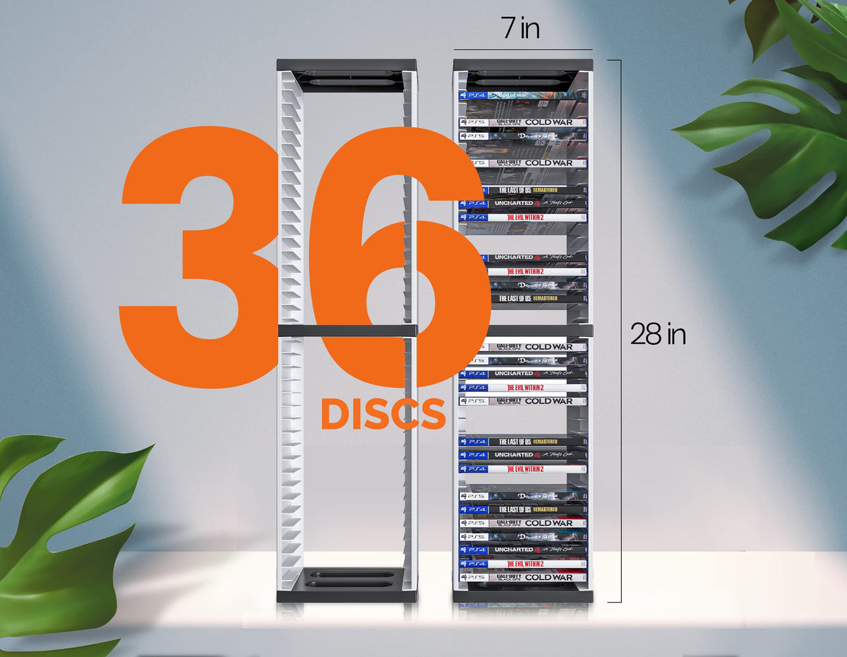 White 36-Slot Game Storage Tower for PS5, PS4 & PS3 – 1 & 2 Pack