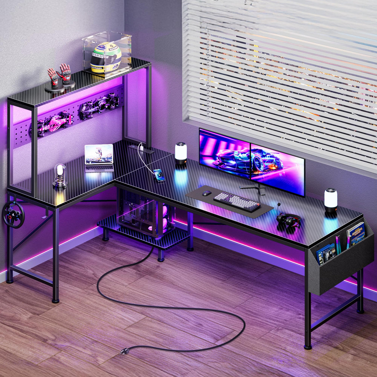 PRAISUN L Shaped Gaming Desk with LED Lights & Power Outlets, Reversible Computer Desk with Storage Shelves & Bag, Large Corner Home Office Desk with Pegboard for Work from Home, Black - Flex Gamingproduct_type