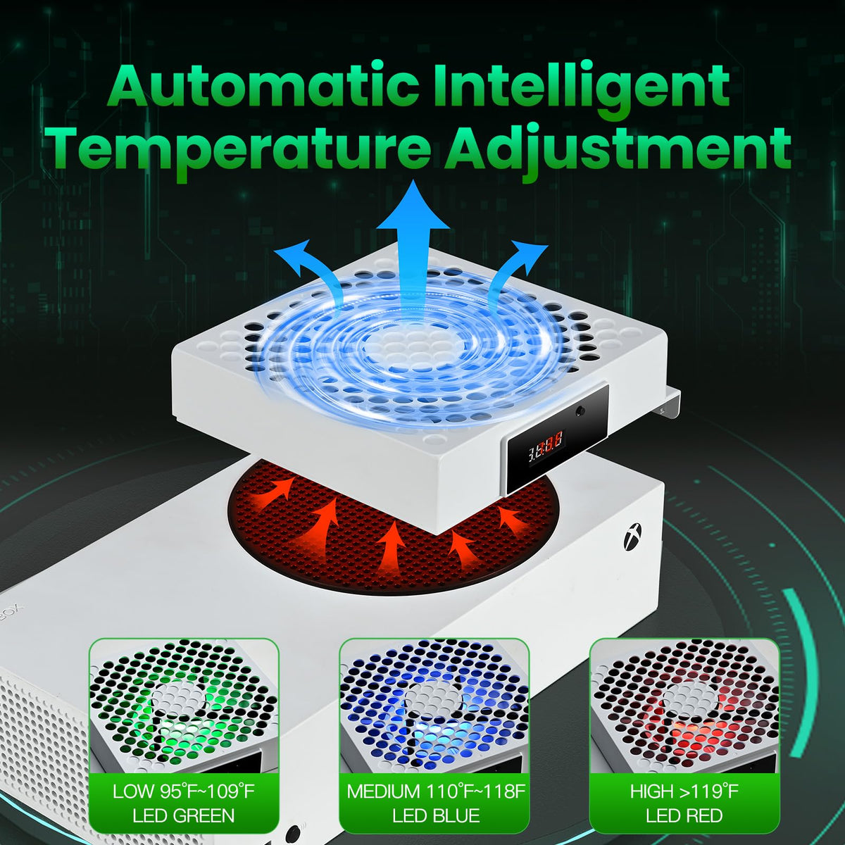 DEPGI Cooling Fan for Xbox Series x, Featuring Automatic Fan Speed Adjustment Based on Temperature, LED Display Screen, Low Noise, Easy Installation, 3 speeds, with RGB LED - Flex Gamingproduct_type