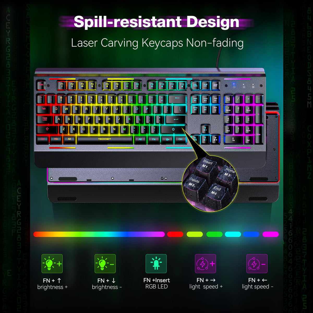TECKNET Wired Gaming Keyboard, USB Wired Computer Keyboard, 15-Zone RGB Illumination, IP32 Water Resistance, 25 Anti-ghosting Keys, All-Metal Panel (Whisper Quiet Design) - Flex Gamingproduct_type