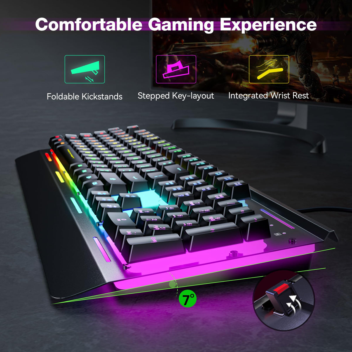 TECKNET Wired Gaming Keyboard, USB Wired Computer Keyboard, 15-Zone RGB Illumination, IP32 Water Resistance, 25 Anti-ghosting Keys, All-Metal Panel (Whisper Quiet Design) - Flex Gamingproduct_type