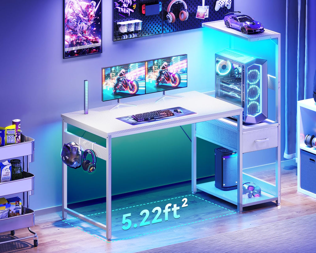Casaottima 48'' Gaming Desk with LED Lights & CPU Stand, Reversible Computer Desk with Storage Shelves & Fabric Drawer, Modern PC Gamer Table with Headphone Hook, Carbon Fiber Black - Flex Gamingproduct_type
