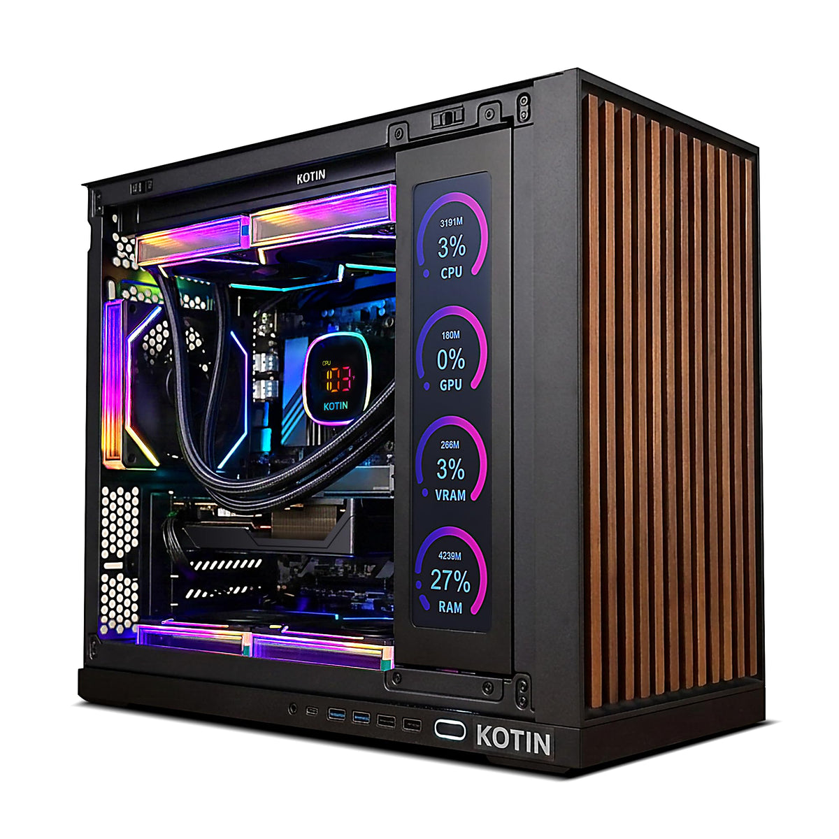 KOTIN Prebuilt Gaming PC RTX 5070 12GB, Ryzen 7 9700X, 32GB DDR5, 1TB SSD | 11.3in Secondary Display, 850W 80+ Gold PSU, 360mm Liquid Cooler, WiFi 7, 1440p 4K ARGB Windows 11 Gaming Desktop Computer - Flex Gamingproduct_type