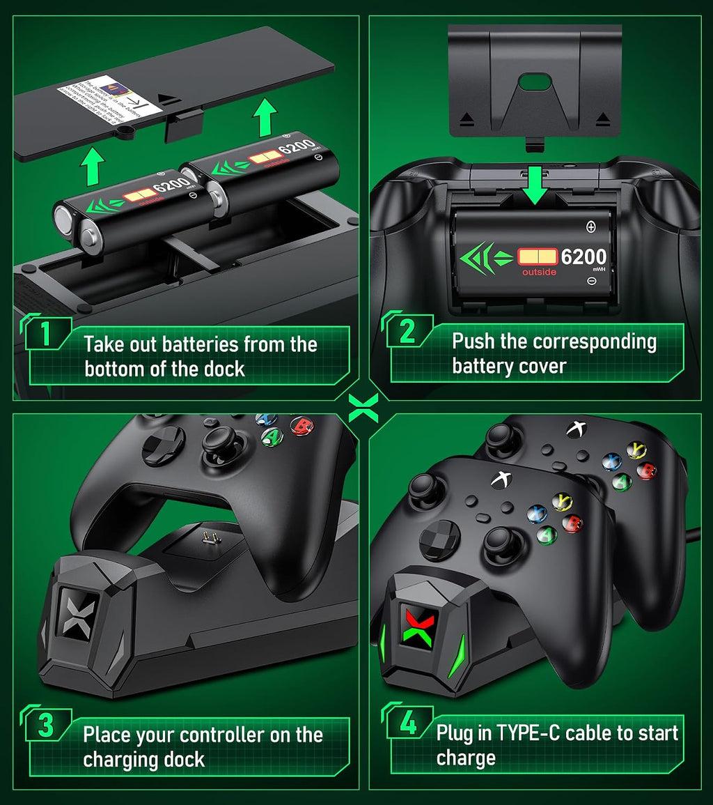 NinABXY Xbox Controller Charging Dock – 2 Colors & 2 Battery Packs