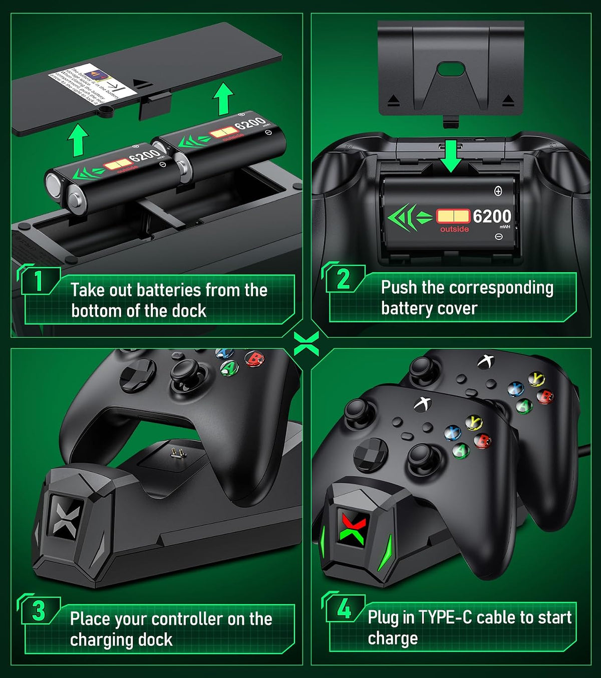 NinABXY Xbox Controller Charging Dock – 2 Colors & 2 Battery Packs