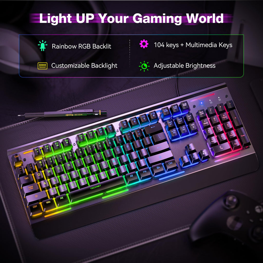 TECKNET Wired Gaming Keyboard, USB Wired Computer Keyboard, 15-Zone RGB Illumination, IP32 Water Resistance, 25 Anti-ghosting Keys, All-Metal Panel (Whisper Quiet Design) - Flex Gamingproduct_type