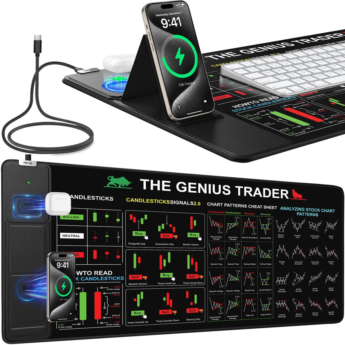 XXL Mouse Pad with Phone Holder - Black, RGB Desk Mat with 15W Fast Charging, LED Gaming Mousepad with 11 Light Colors, Waterproof Non-Slip Pad for Office & Home (Wave) - Flex Gamingproduct_type