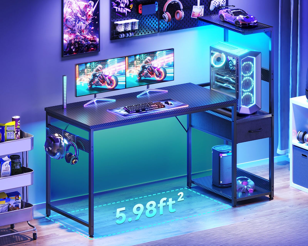 Casaottima 48'' Gaming Desk with LED Lights & CPU Stand, Reversible Computer Desk with Storage Shelves & Fabric Drawer, Modern PC Gamer Table with Headphone Hook, Carbon Fiber Black - Flex Gamingproduct_type