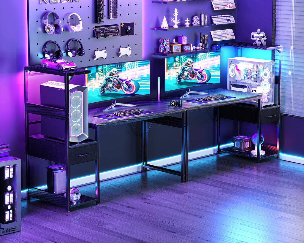 Casaottima 48'' Gaming Desk with LED Lights & CPU Stand, Reversible Computer Desk with Storage Shelves & Fabric Drawer, Modern PC Gamer Table with Headphone Hook, Carbon Fiber Black - Flex Gamingproduct_type