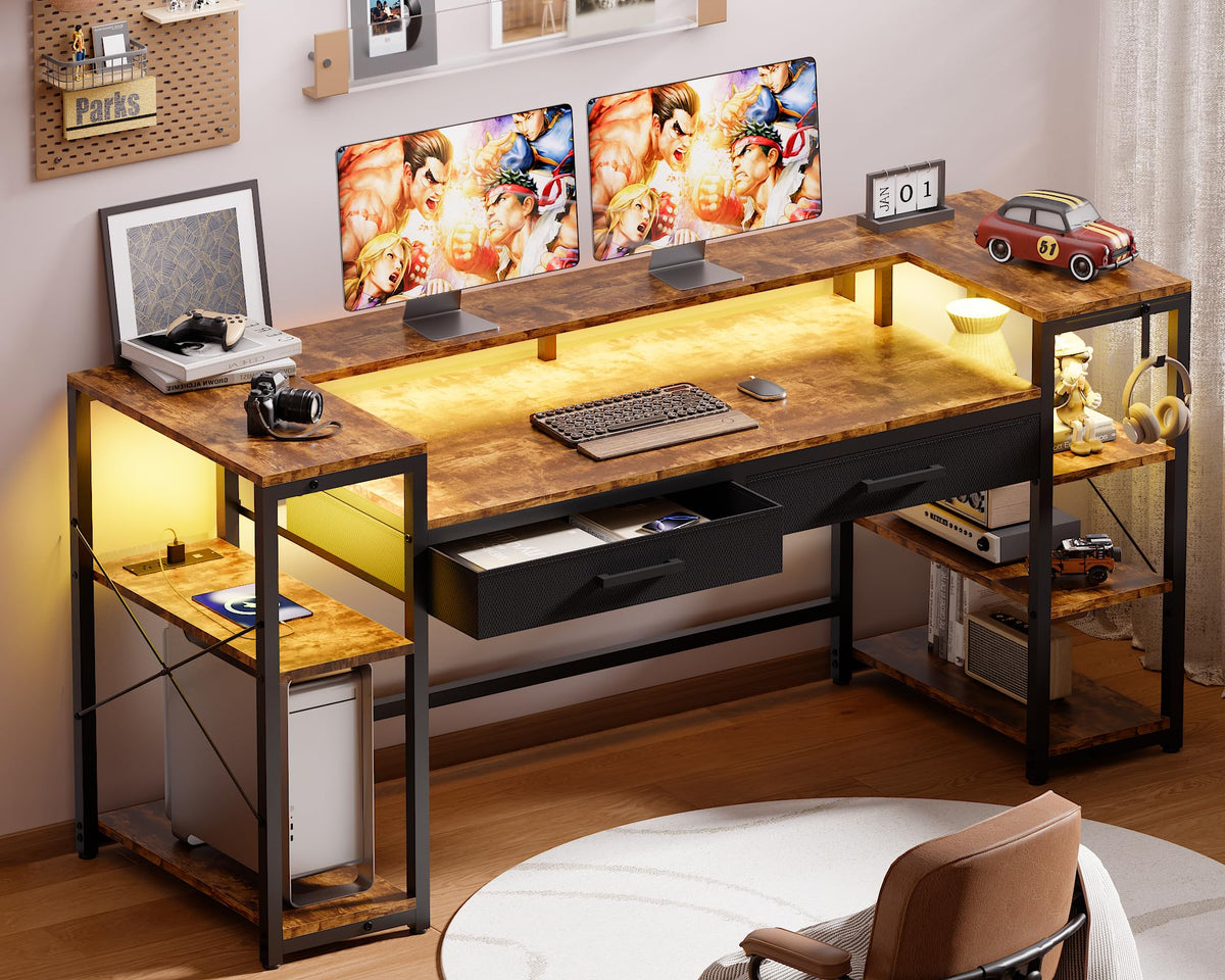 Pamray 58 Inch Computer Desk with Monitor Stand and Shelves Gaming Desk with LED Lights & Power Outlets PC Vanity Table with 2 Drawers for Home Office Black - Flex Gamingproduct_type