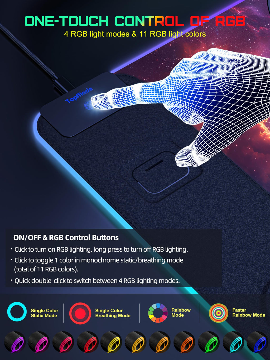 TopMade Wireless Charging RGB Mouse Pad, Waterproof Gaming Desk Mat with 4 Light Modes & 11 RGB Colors, 31.5"x15.75" XXL Large Desk Pad(Includes 20W PD Power Adapter & 6.56ft Woven Cable) - Flex Gamingproduct_type