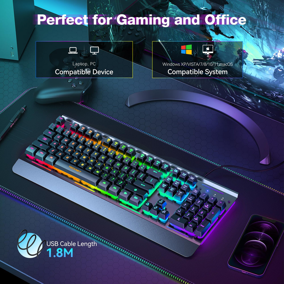 TECKNET Wired Gaming Keyboard, USB Wired Computer Keyboard, 15-Zone RGB Illumination, IP32 Water Resistance, 25 Anti-ghosting Keys, All-Metal Panel (Whisper Quiet Design) - Flex Gamingproduct_type