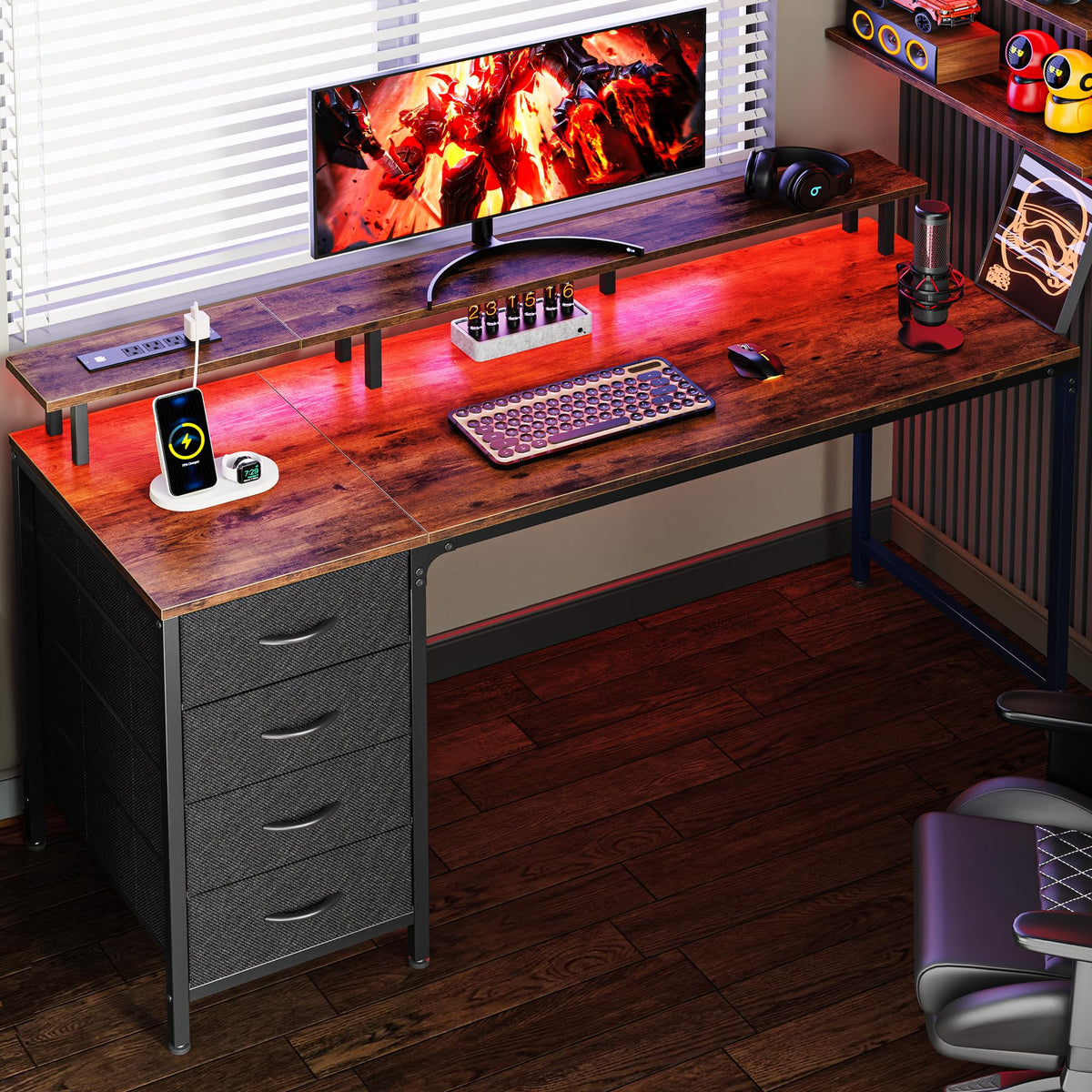 Huuger 47 Inch Computer Desk with Power Outlets and LED Lights, Gaming Desk with 4 Drawers, Office Desk with Monitor Stand, Study Work Home Office, Small Spaces, Black - Flex Gamingproduct_type