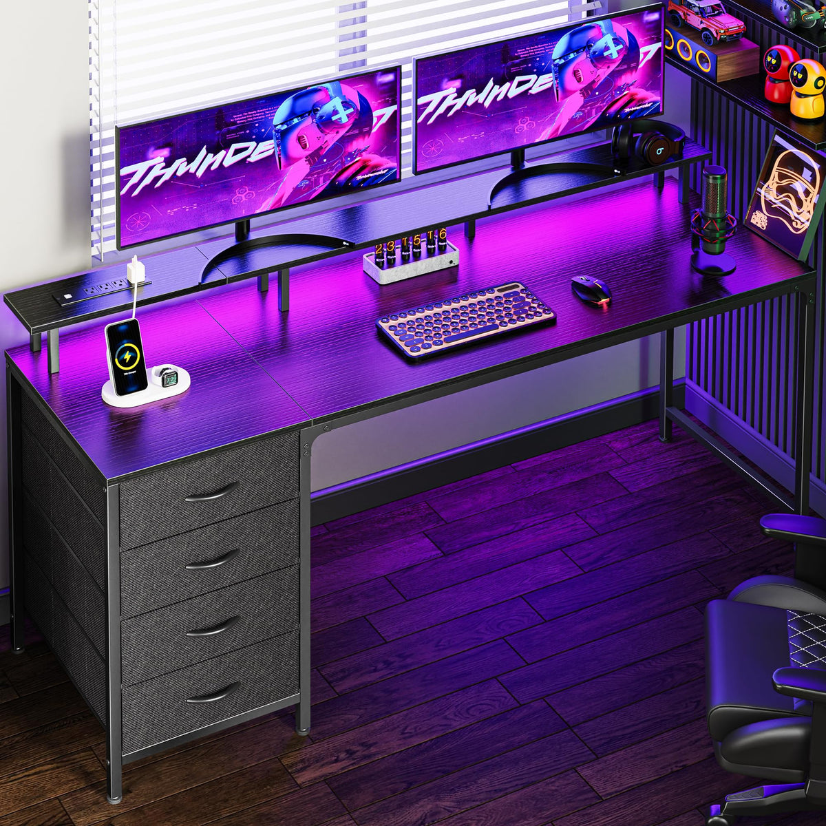 Huuger 47 Inch Computer Desk with Power Outlets and LED Lights, Gaming Desk with 4 Drawers, Office Desk with Monitor Stand, Study Work Home Office, Small Spaces, Black - Flex Gamingproduct_type