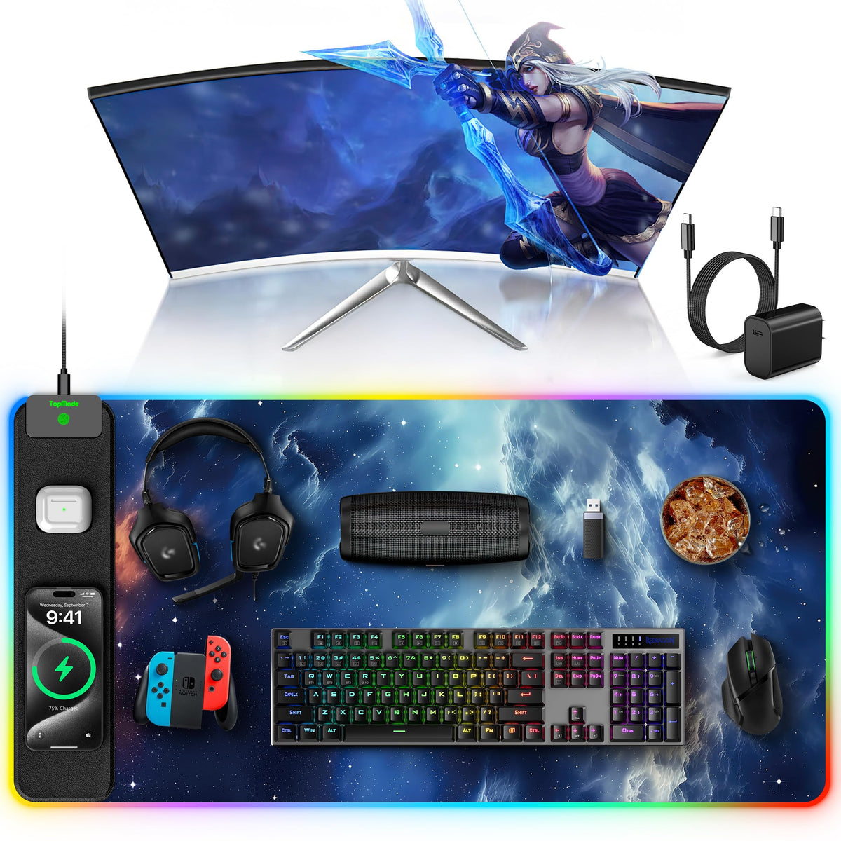 TopMade Wireless Charging RGB Mouse Pad, Waterproof Gaming Desk Mat with 4 Light Modes & 11 RGB Colors, 31.5"x15.75" XXL Large Desk Pad(Includes 20W PD Power Adapter & 6.56ft Woven Cable) - Flex Gamingproduct_type