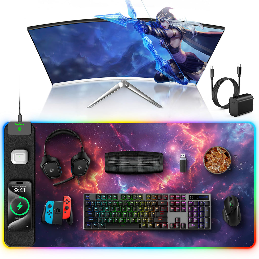 TopMade Wireless Charging RGB Mouse Pad, Waterproof Gaming Desk Mat with 4 Light Modes & 11 RGB Colors, 31.5"x15.75" XXL Large Desk Pad(Includes 20W PD Power Adapter & 6.56ft Woven Cable) - Flex Gamingproduct_type