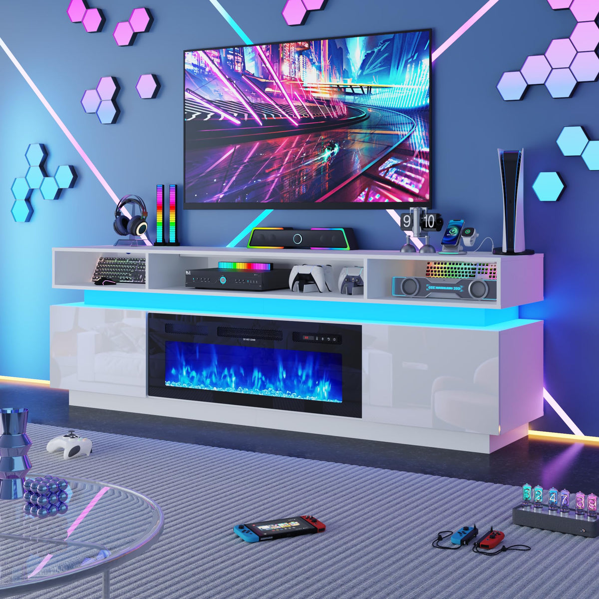 Chartustriable Fireplace TV Stand & Entertainment Center – 3 Sizes & 2 Colors - Flex Gamingproduct_type