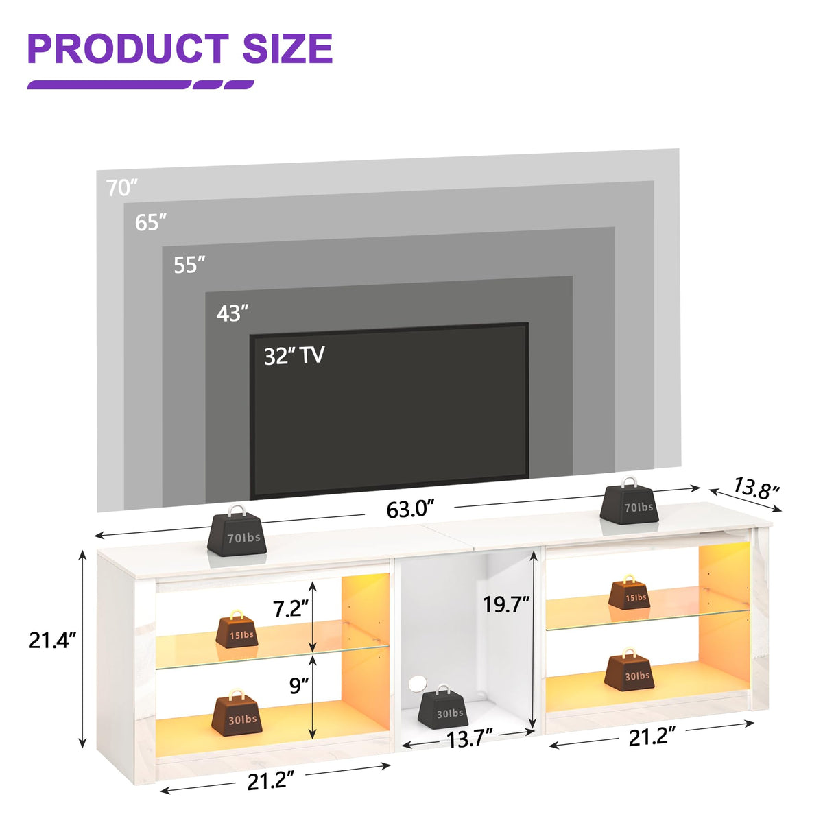Clikuutory Modern 63-Inch LED TV Stand with Glass Shelves – 2 Colors - Flex Gamingproduct_type