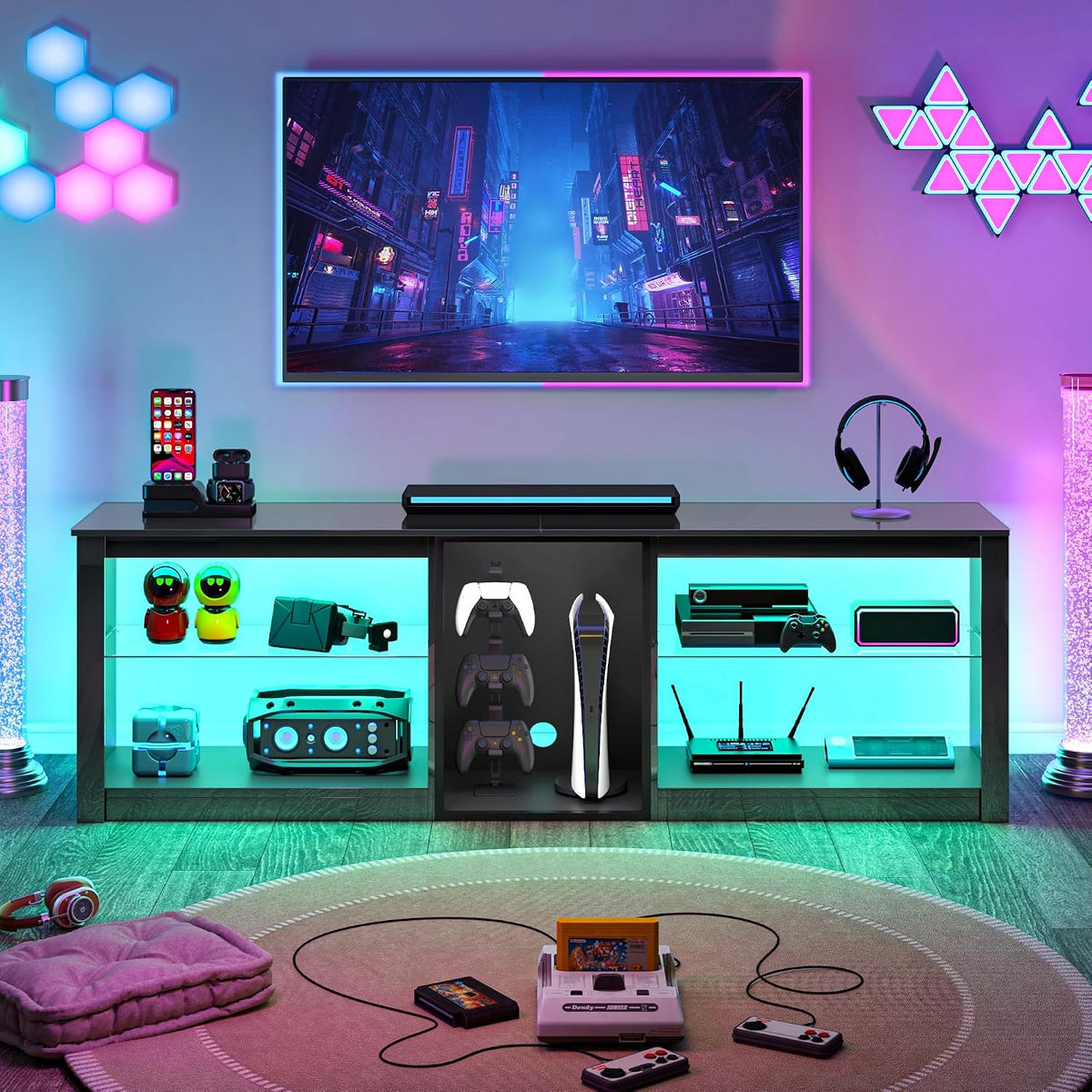 Clikuutory Modern 63-Inch LED TV Stand with Glass Shelves – 2 Colors - Flex Gamingproduct_type