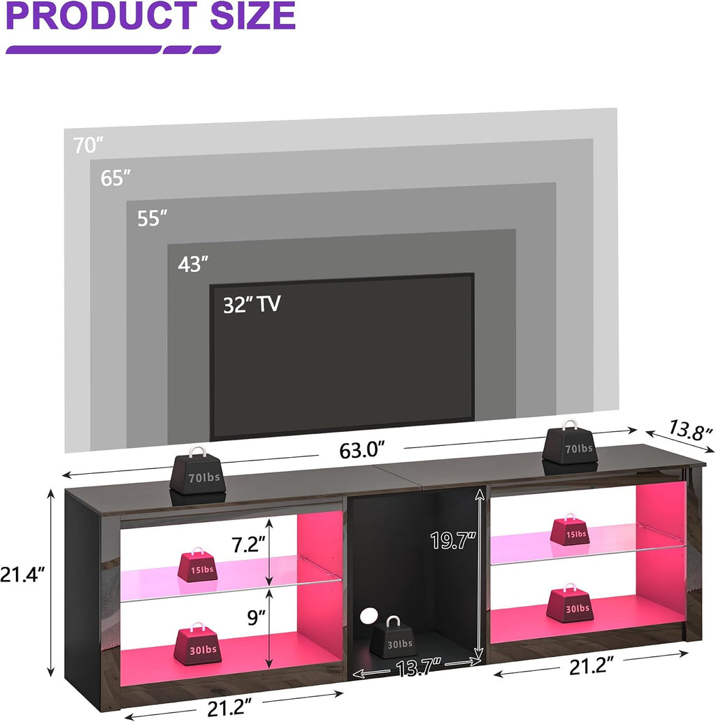Clikuutory Modern 63-Inch LED TV Stand with Glass Shelves – 2 Colors - Flex Gamingproduct_type