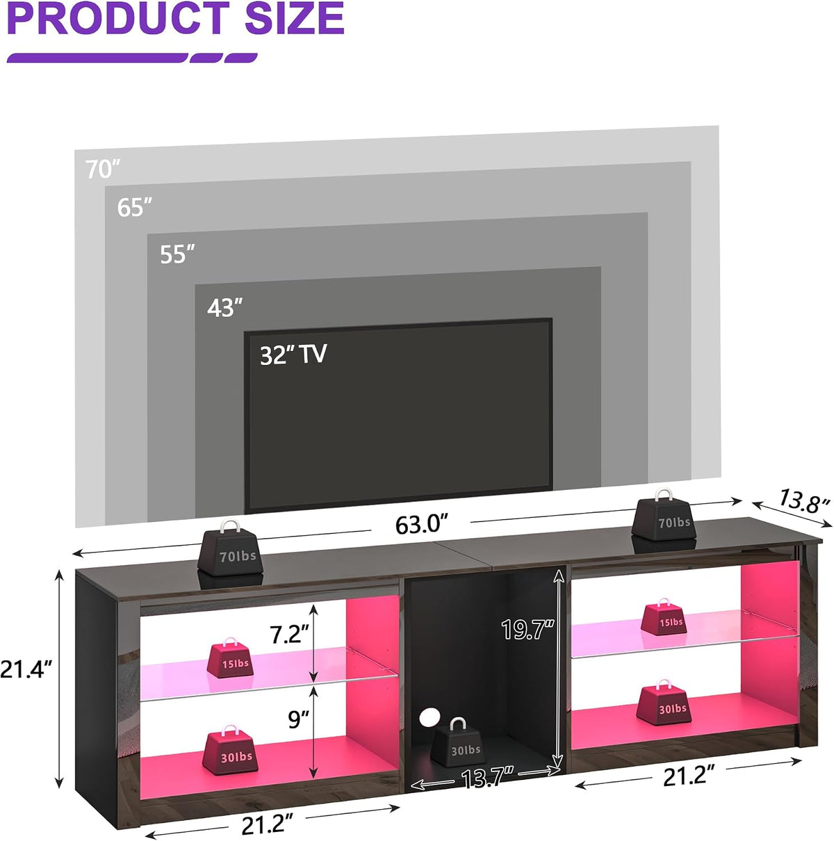 Clikuutory Modern 63-Inch LED TV Stand with Glass Shelves – 2 Colors - Flex Gamingproduct_type