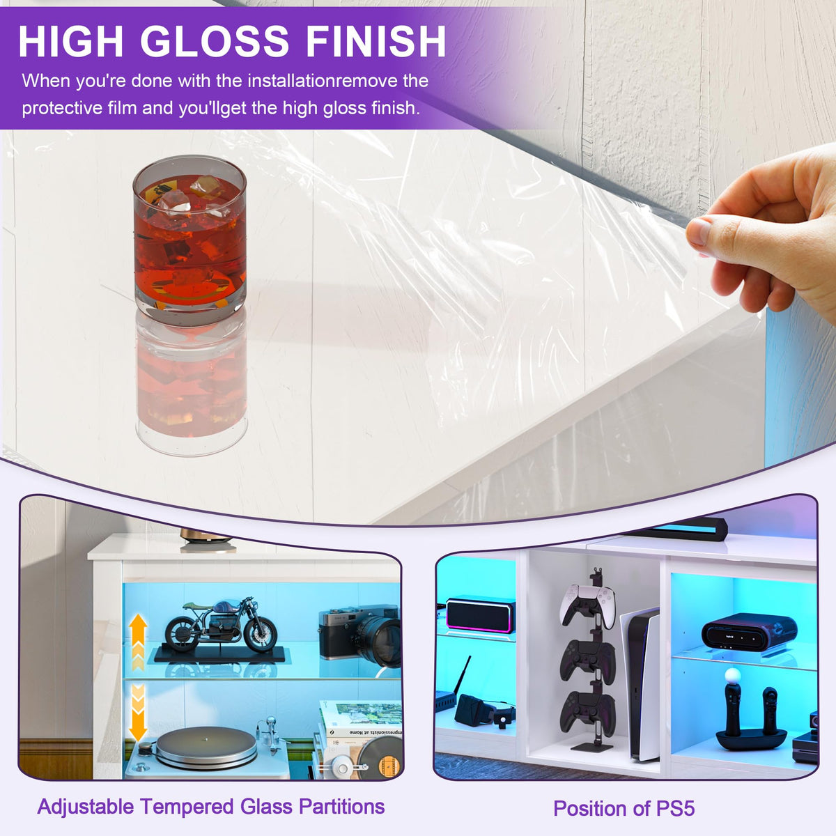 Clikuutory Modern 63-Inch LED TV Stand with Glass Shelves – 2 Colors - Flex Gamingproduct_type