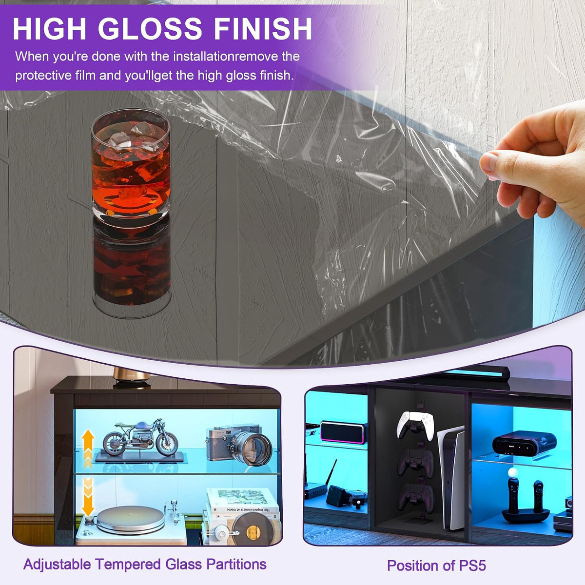 Clikuutory Modern 63-Inch LED TV Stand with Glass Shelves – 2 Colors - Flex Gamingproduct_type