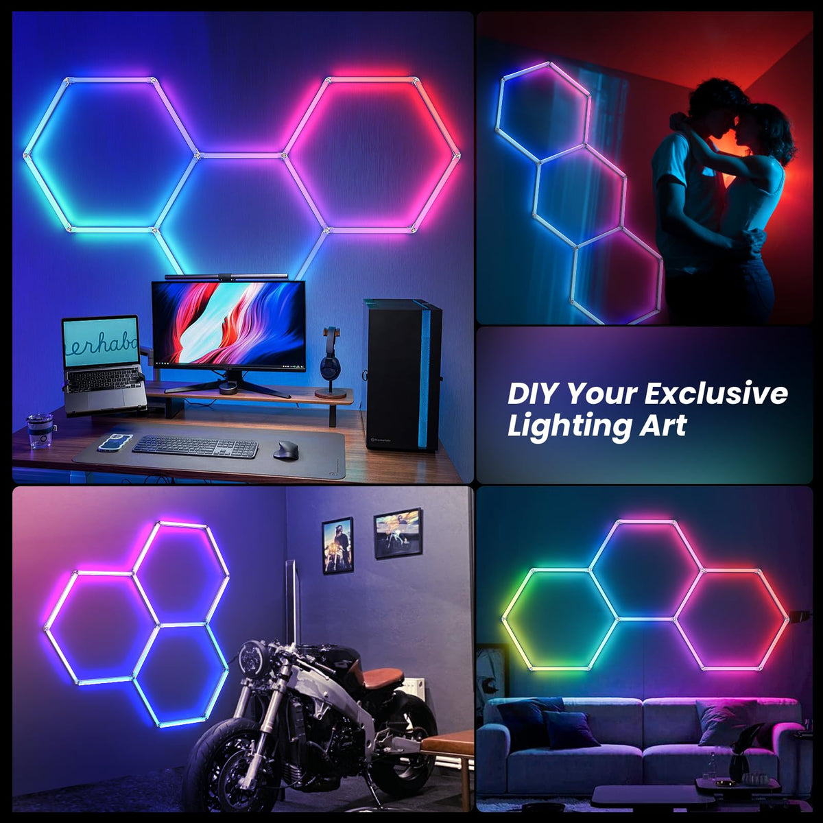 CyanCliff RGB Hexagon LED Panel Lights – 3 Sizes & 4 Colors - Flex Gamingproduct_type