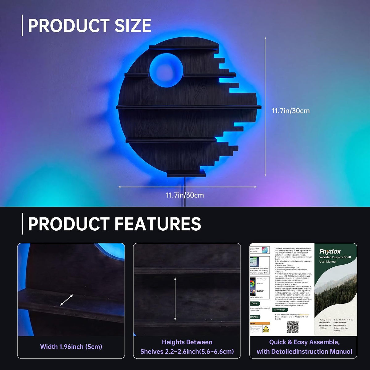FNYDOX Black Moon-Shaped LED Floating Shelf Gaming Room Decor - Flex Gamingproduct_type