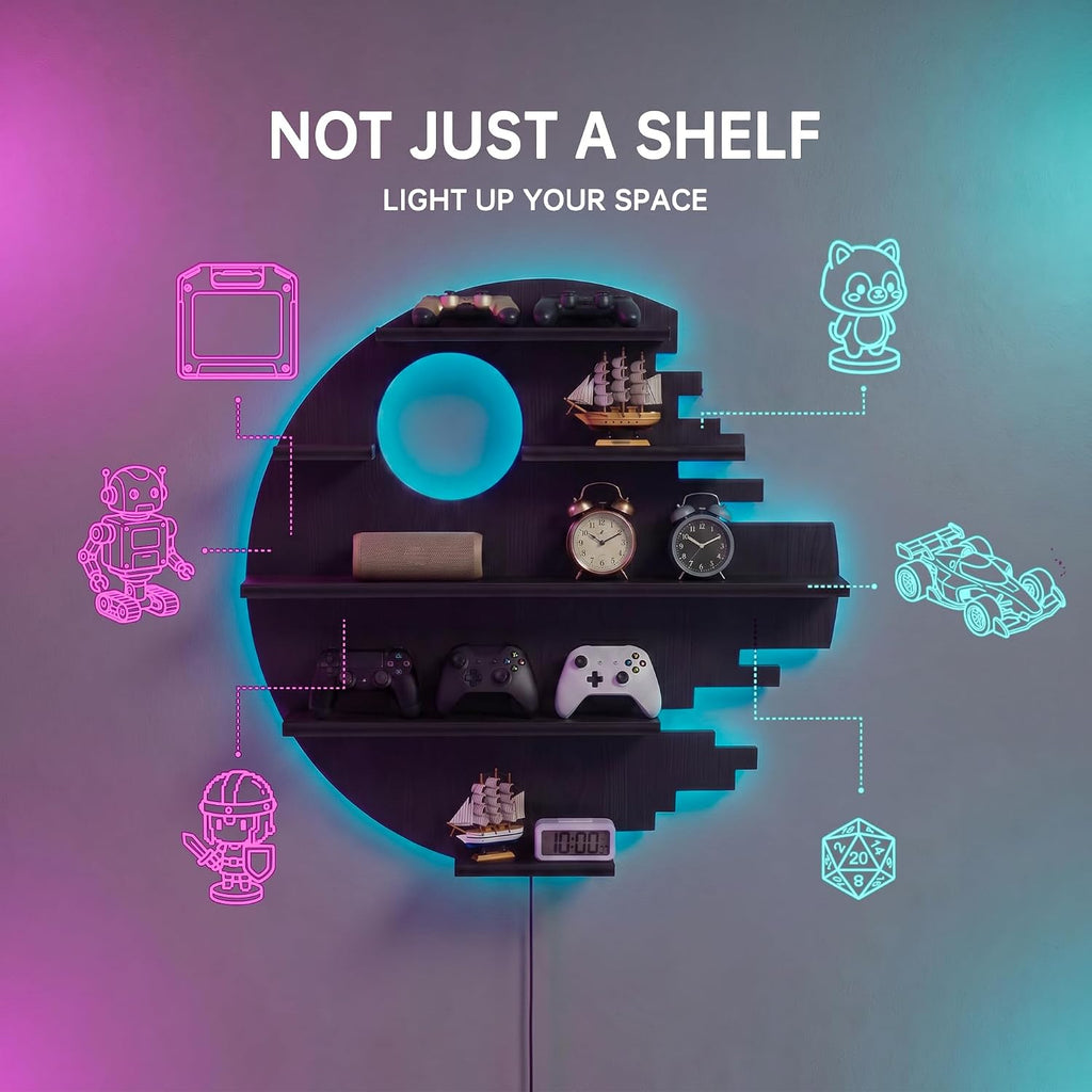 FNYDOX Black Moon-Shaped LED Floating Shelf Gaming Room Decor - Flex Gamingproduct_type