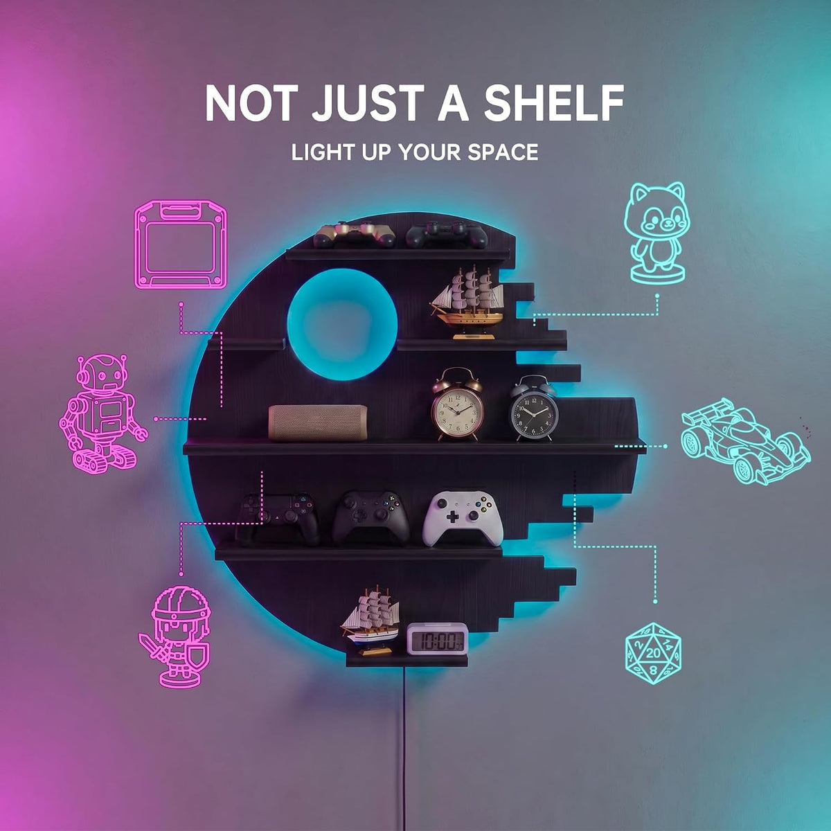 FNYDOX Black Moon-Shaped LED Floating Shelf Gaming Room Decor - Flex Gamingproduct_type