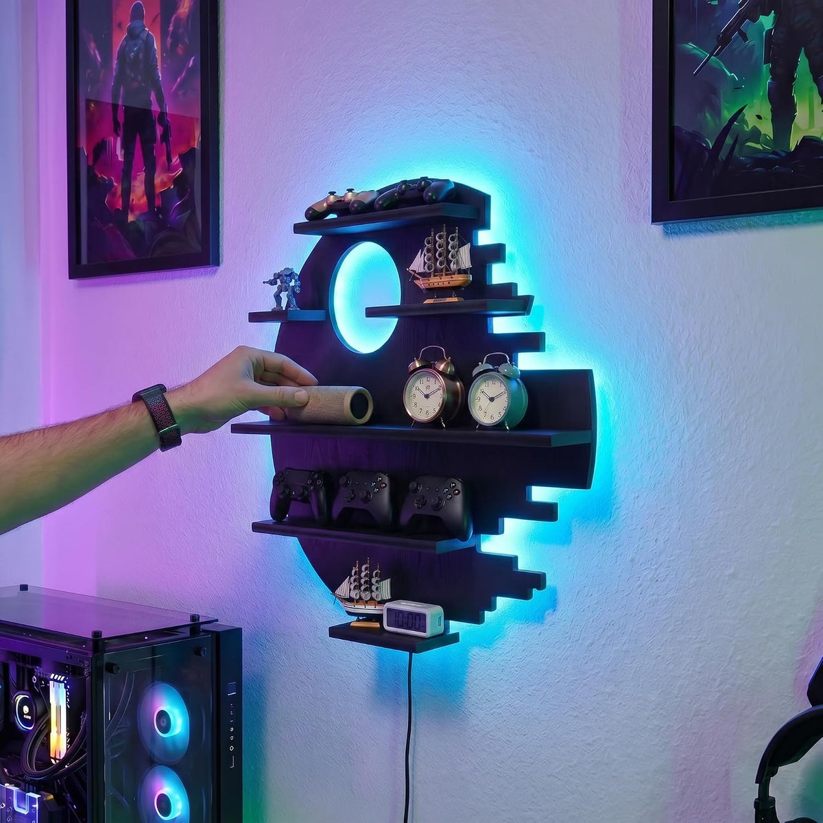 FNYDOX Black Moon-Shaped LED Floating Shelf Gaming Room Decor - Flex Gamingproduct_type