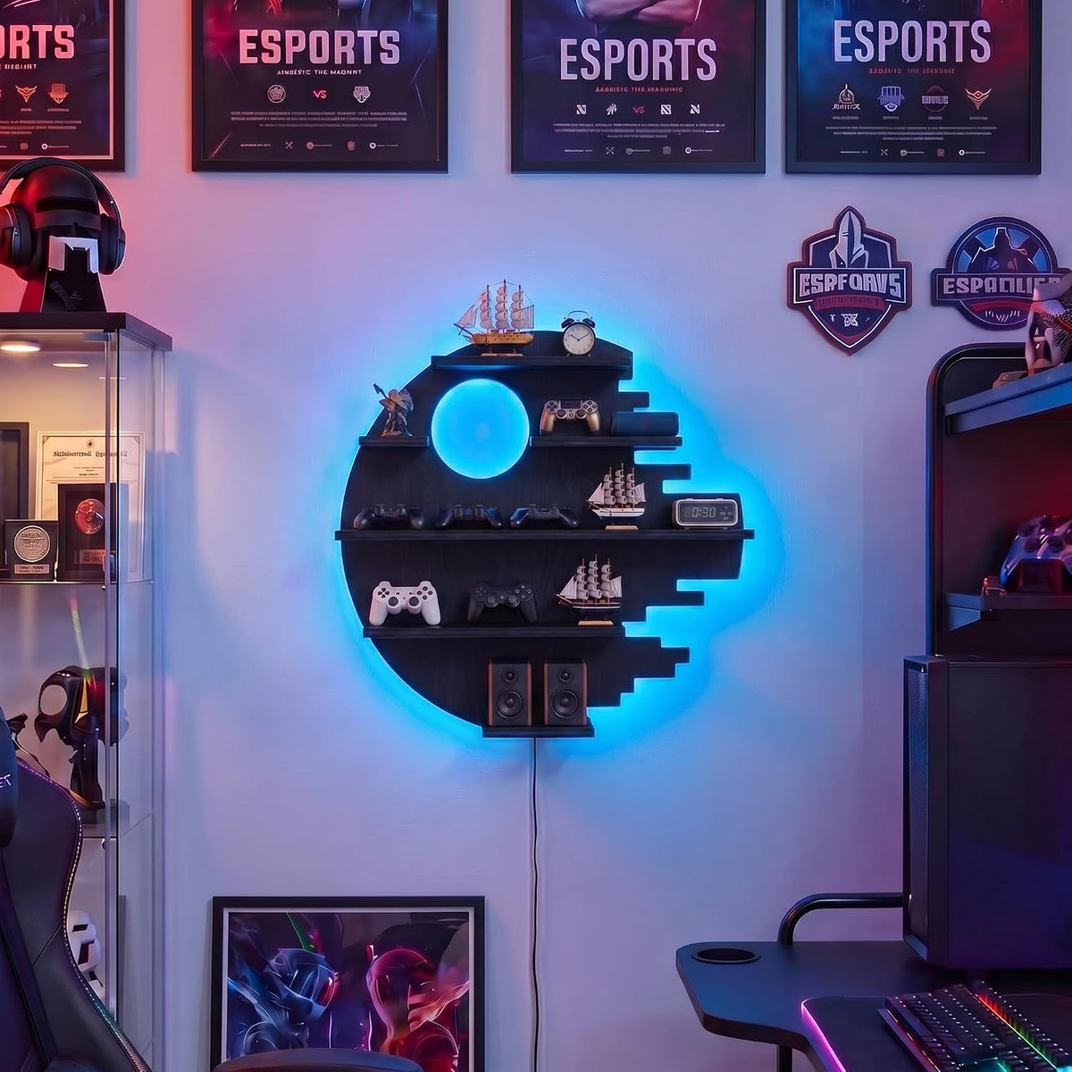 FNYDOX Black Moon-Shaped LED Floating Shelf Gaming Room Decor - Flex Gamingproduct_type