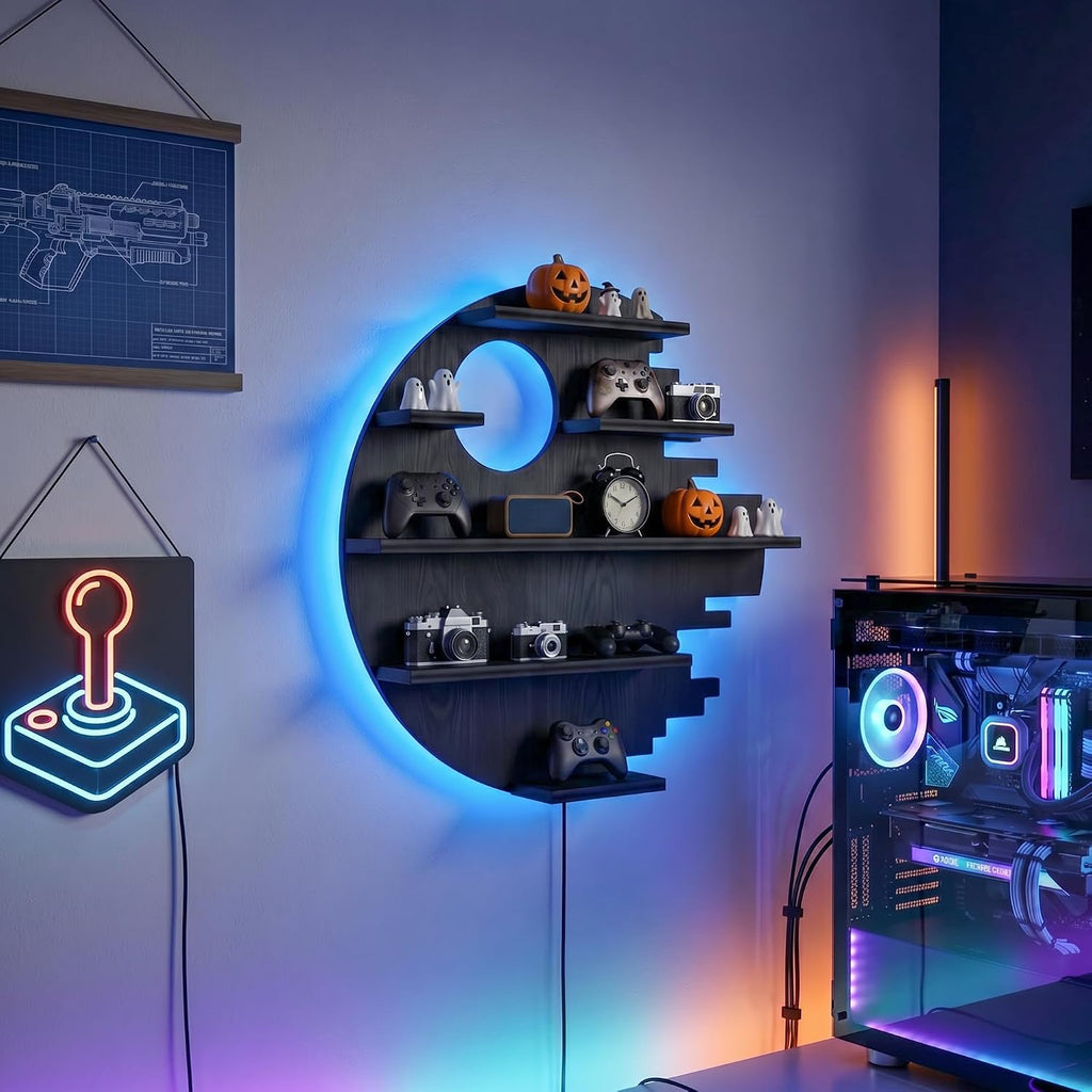 FNYDOX Black Moon-Shaped LED Floating Shelf Gaming Room Decor - Flex Gamingproduct_type