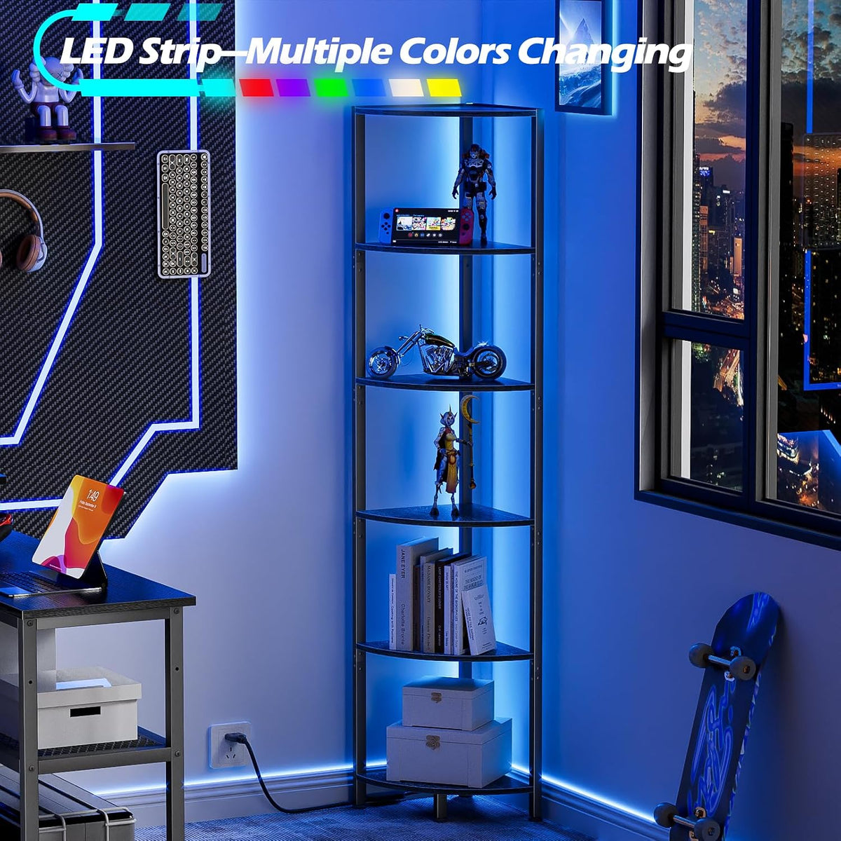 Furnulem 6-Tier Corner Shelf with LED Light, 67.5" – Black - Flex Gamingproduct_type