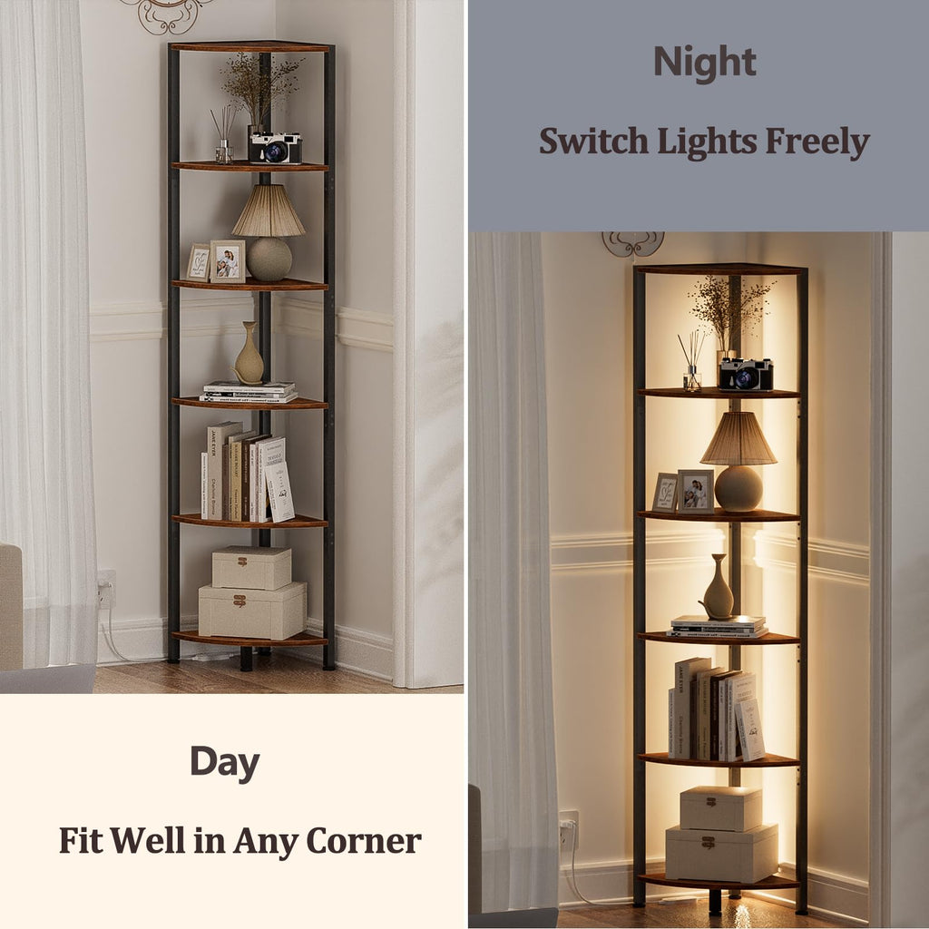 Furnulem 6-Tier Corner Shelf with LED Light, 67.5" – Black - Flex Gamingproduct_type