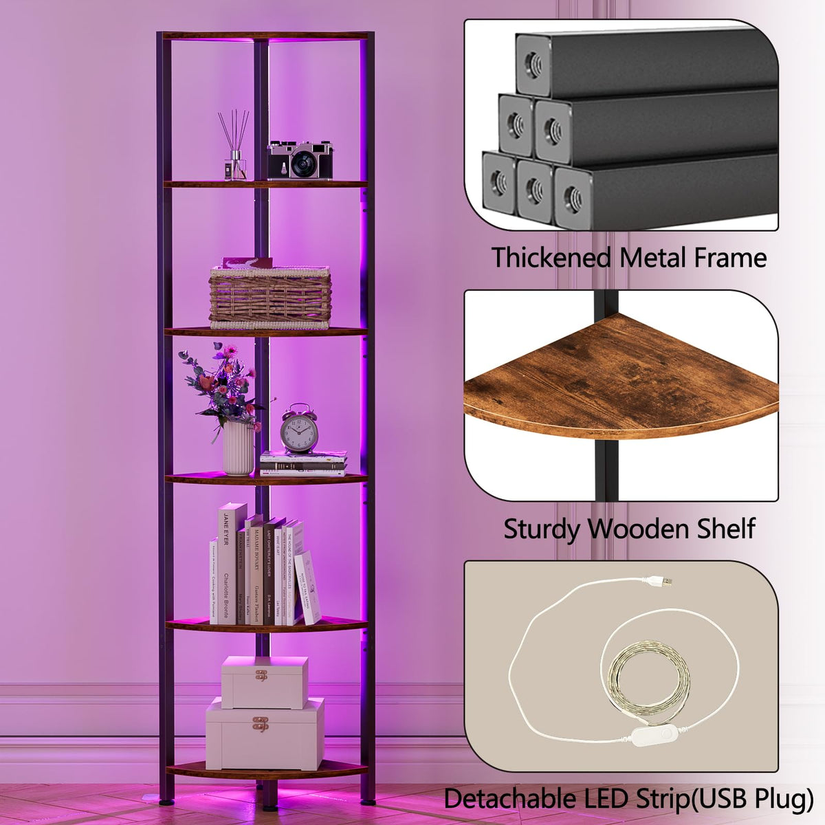 Furnulem 6-Tier Corner Shelf with LED Light, 67.5" – Black - Flex Gamingproduct_type