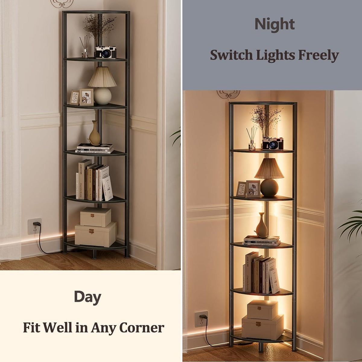 Furnulem 6-Tier Corner Shelf with LED Light, 67.5" – Black - Flex Gamingproduct_type