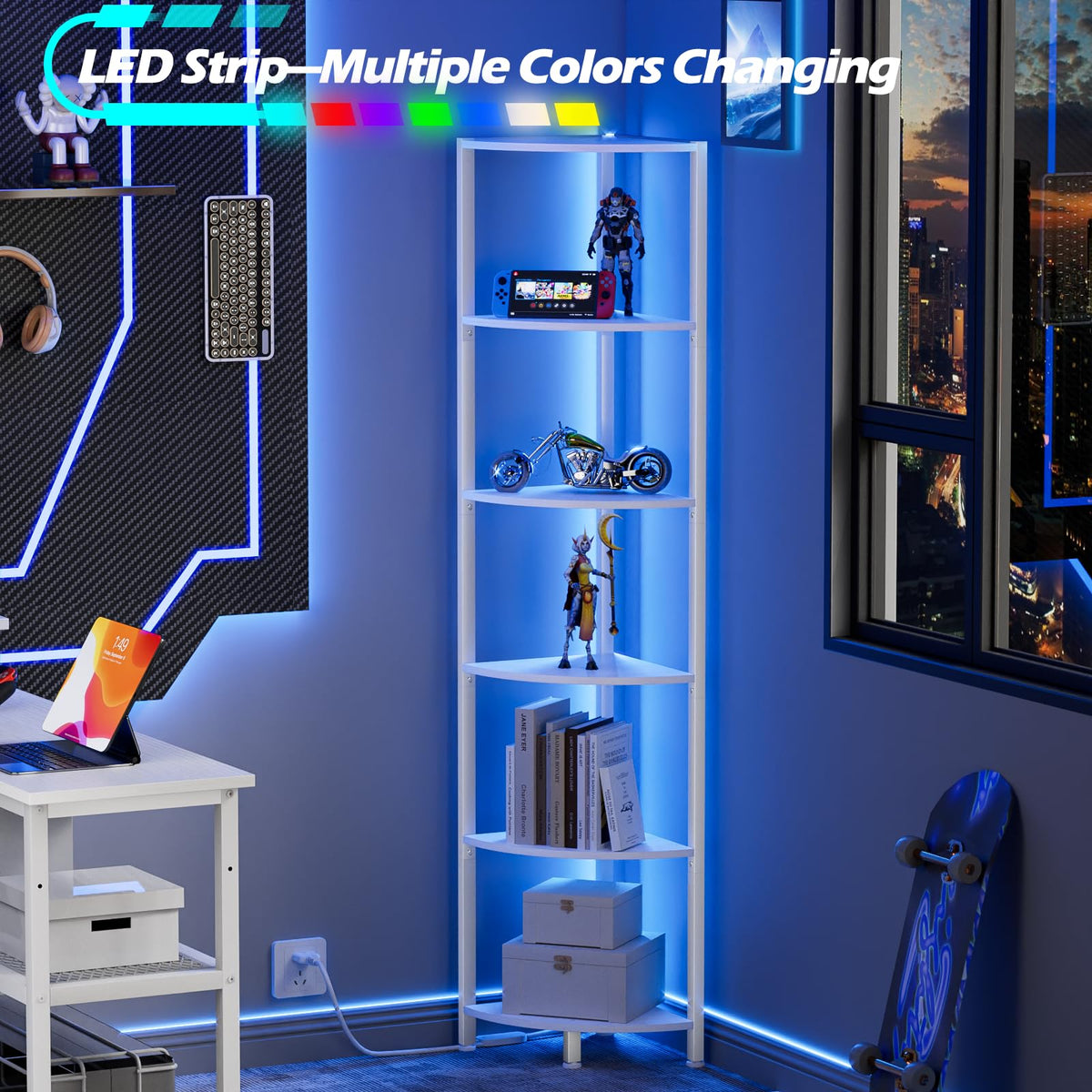 Furnulem 6-Tier Corner Shelf with LED Light, 67.5" – Black - Flex Gamingproduct_type