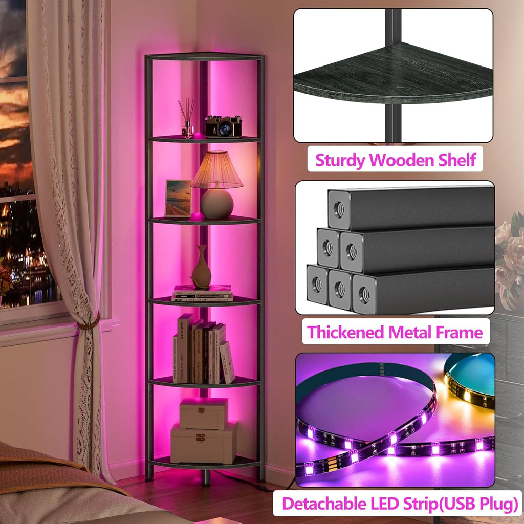 Furnulem 6-Tier Corner Shelf with LED Light, 67.5" – Black - Flex Gamingproduct_type