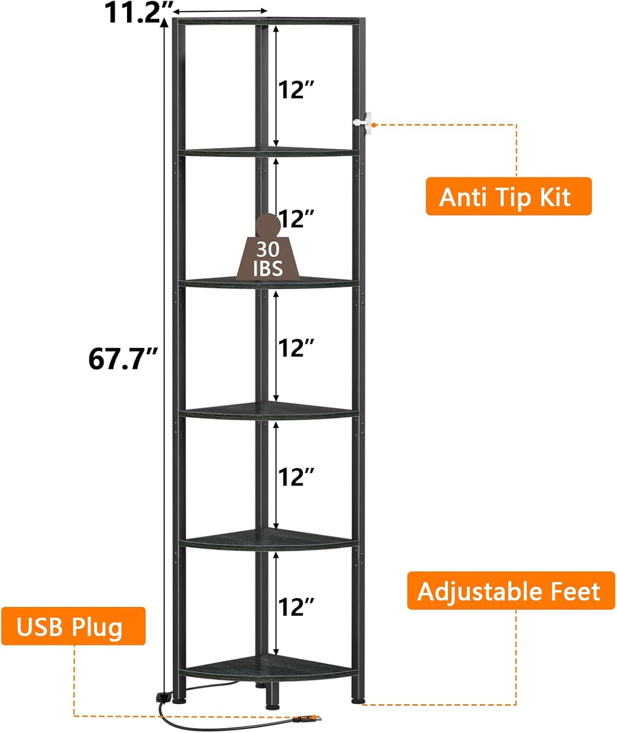 Furnulem 6-Tier Corner Shelf with LED Light, 67.5" – Black - Flex Gamingproduct_type