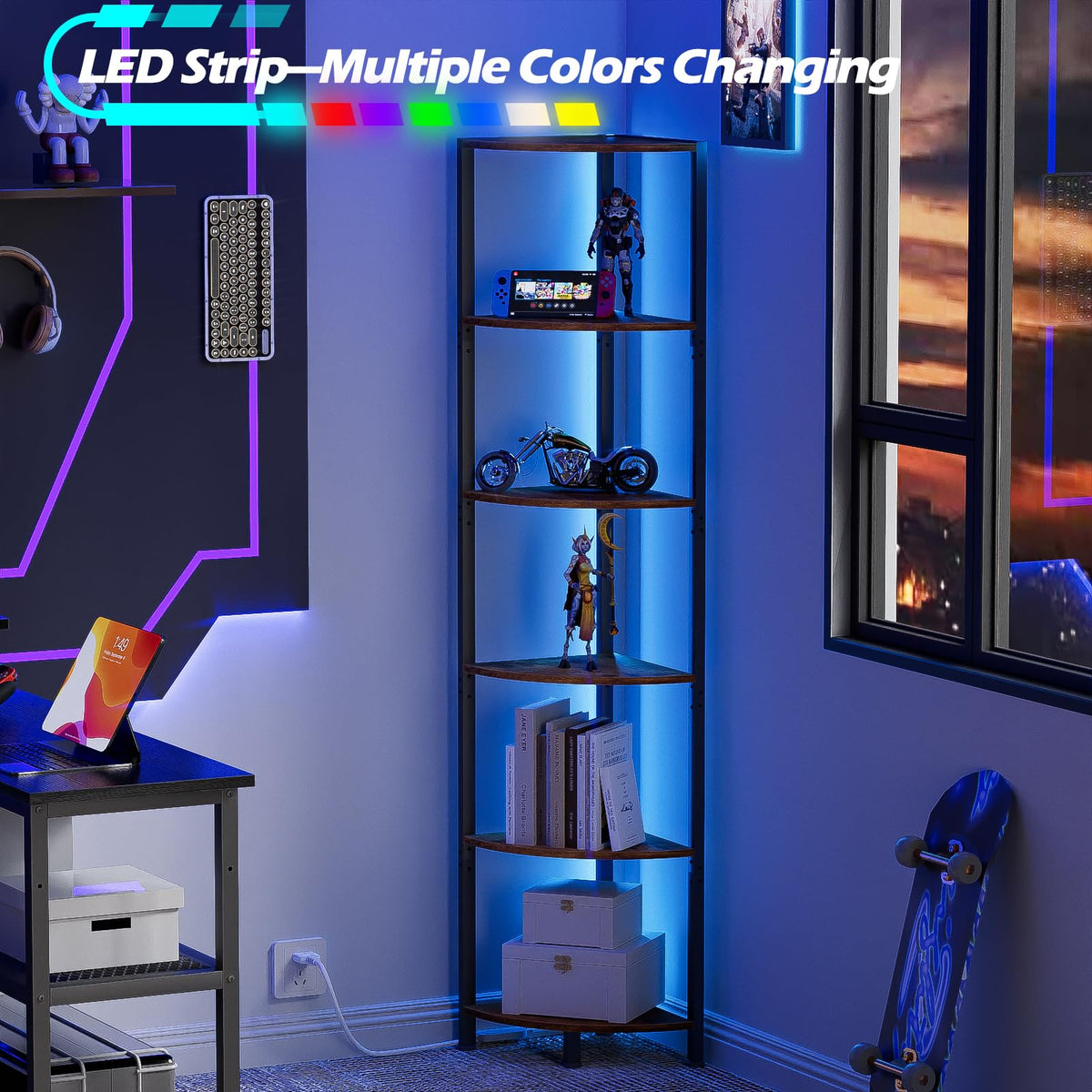 Furnulem 6-Tier Corner Shelf with LED Light, 67.5" – Black - Flex Gamingproduct_type