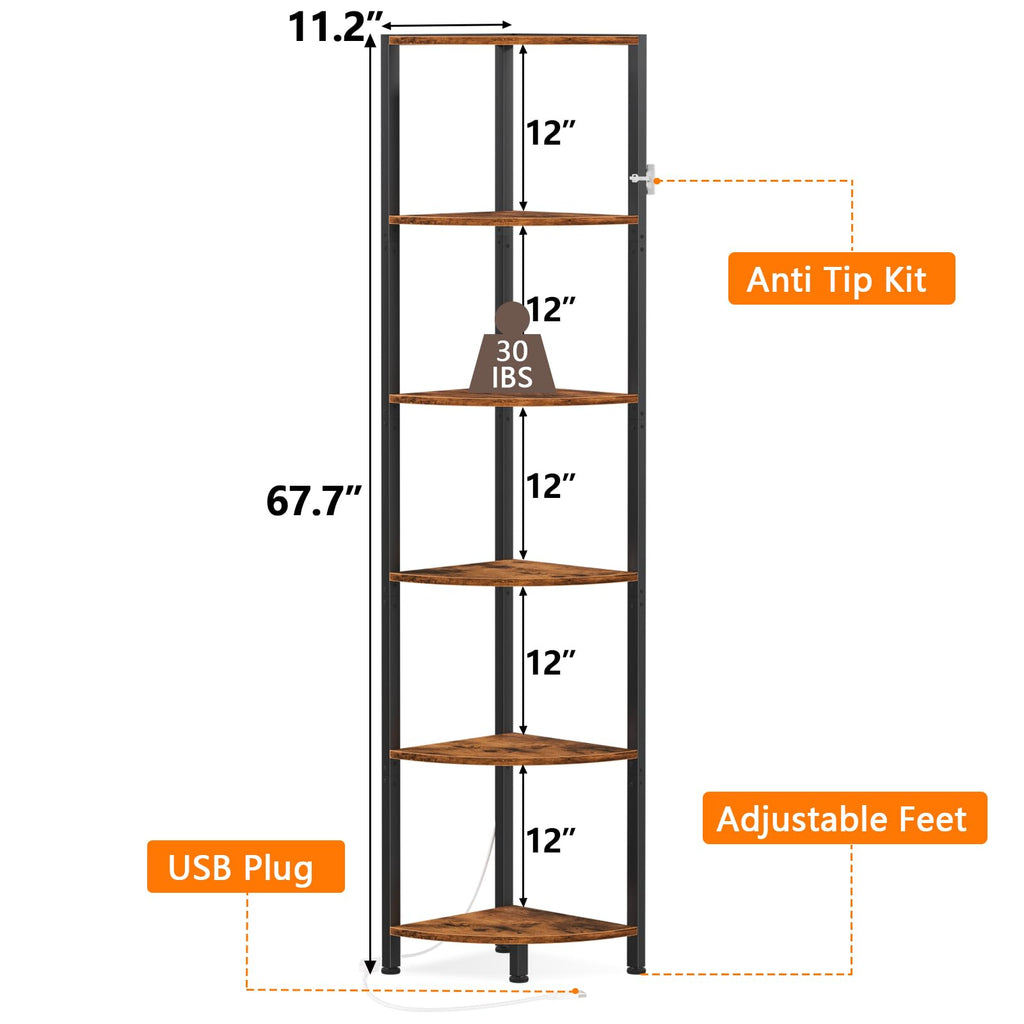 Furnulem 6-Tier Corner Shelf with LED Light, 67.5" – Black - Flex Gamingproduct_type