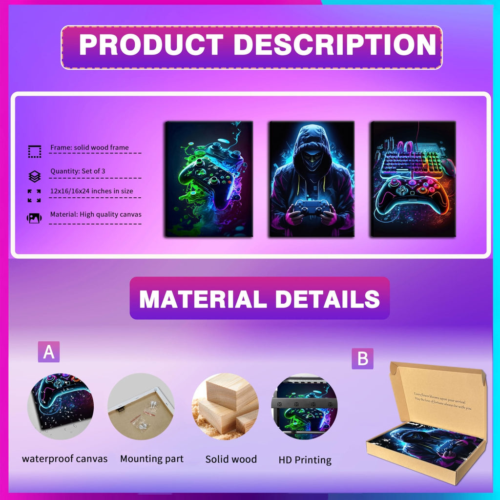 Game Room Decor Posters Set of 3 – Neon Gaming Wall Art – 2 Sizes & 10 Designs - Flex Gamingproduct_type