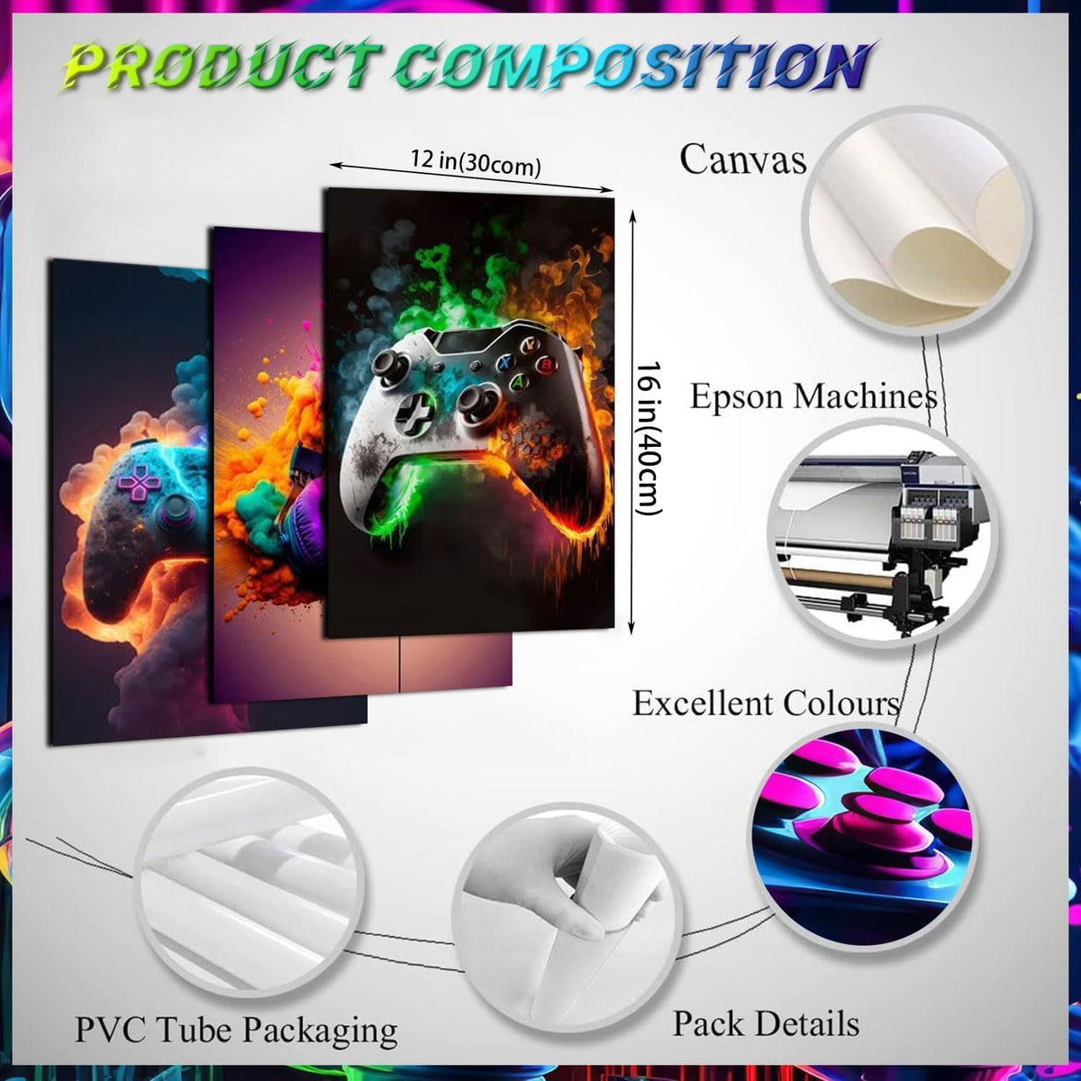 Game Room Decor Posters Set of 3 – Neon Gaming Wall Art – 2 Sizes & 10 Designs - Flex Gamingproduct_type