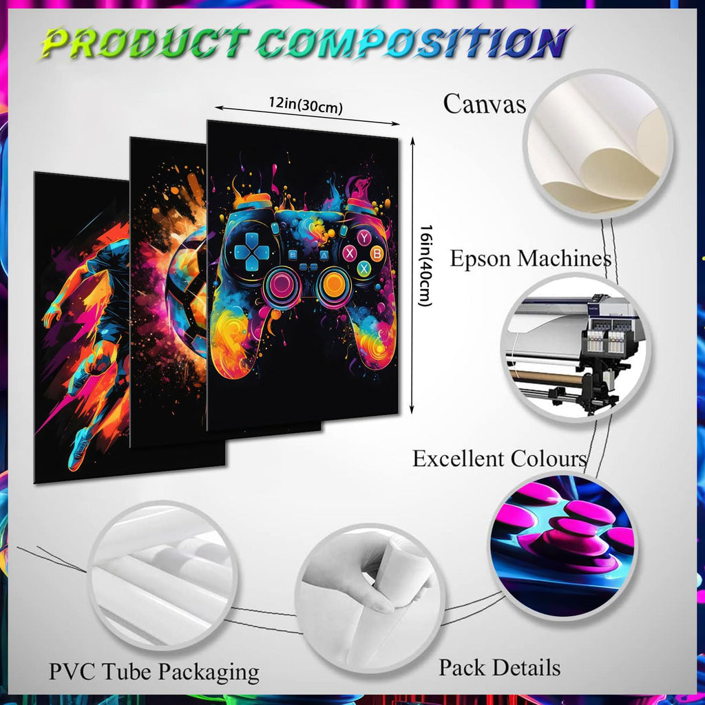 Game Room Decor Posters Set of 3 – Neon Gaming Wall Art – 2 Sizes & 10 Designs - Flex Gamingproduct_type